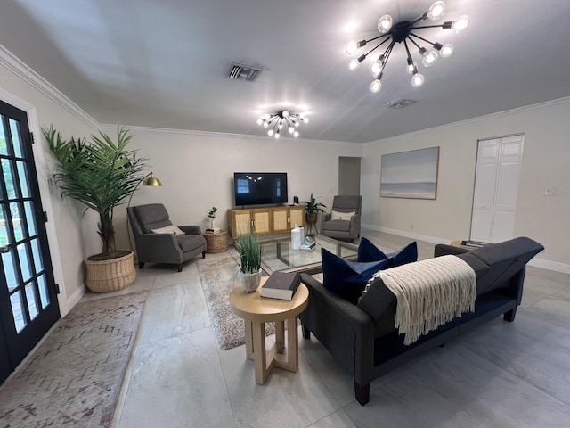 living room with crown molding and a notable chandelier