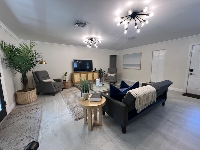 living room with crown molding and a notable chandelier