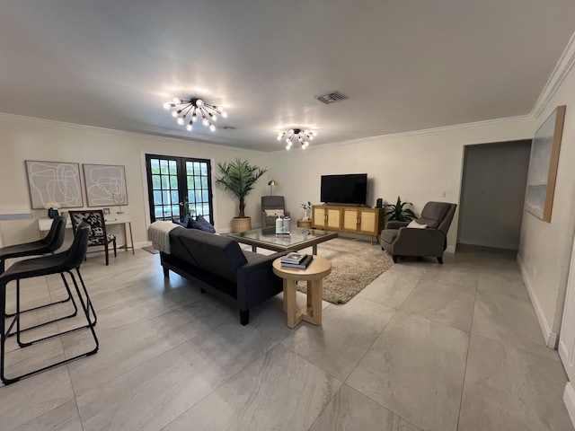 living room featuring crown molding and french doors