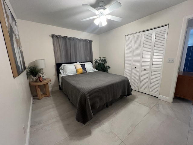 bedroom with ceiling fan and a closet