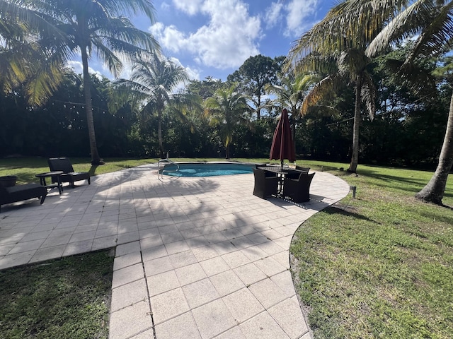 view of swimming pool with a lawn and a patio area