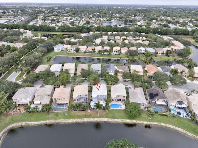 drone / aerial view featuring a water view