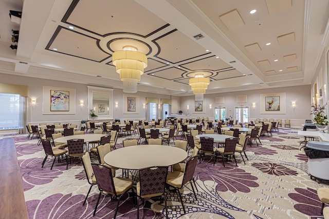 dining space featuring beamed ceiling, crown molding, and coffered ceiling