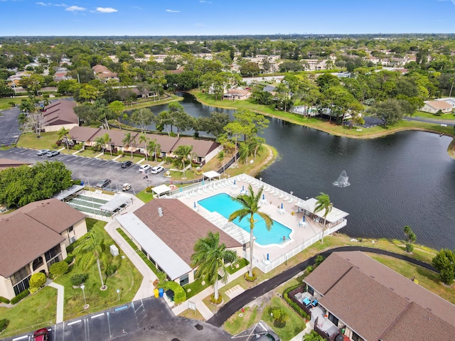 aerial view featuring a residential view and a water view