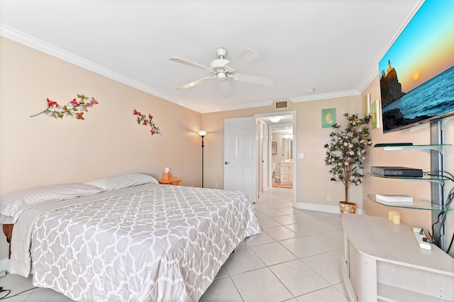 bedroom with light tile patterned floors, a ceiling fan, baseboards, visible vents, and crown molding