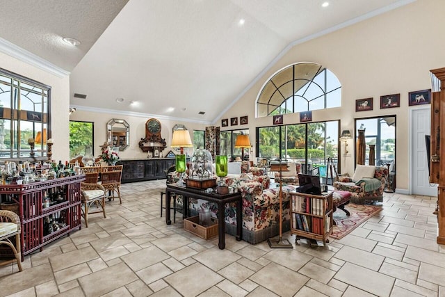 living room featuring high vaulted ceiling, ornamental molding, and a textured ceiling