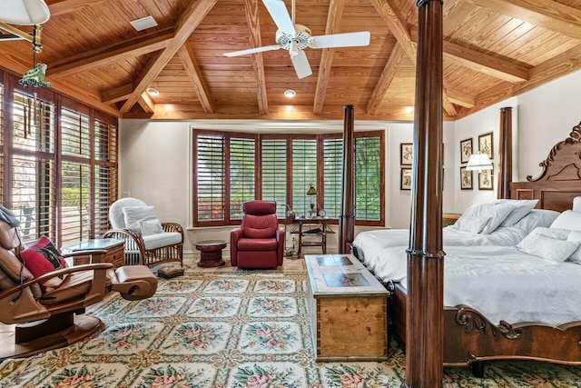 bedroom featuring vaulted ceiling with beams, ceiling fan, and wooden ceiling