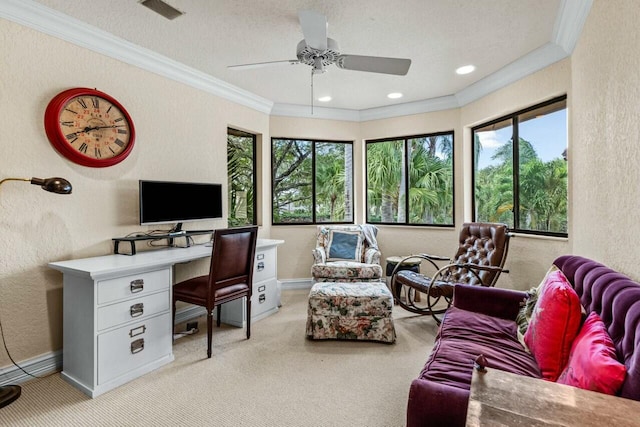 interior space featuring crown molding, light colored carpet, ceiling fan, and a textured ceiling