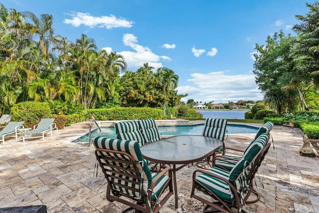 view of patio / terrace featuring a water view