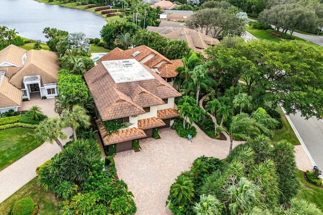 drone / aerial view featuring a water view