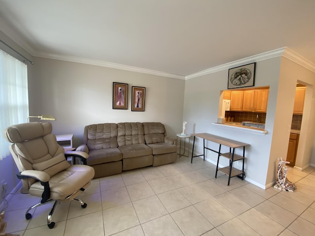 tiled living room featuring ornamental molding