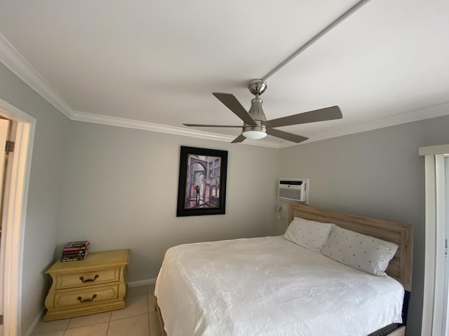 tiled bedroom featuring a wall mounted air conditioner, ceiling fan, and crown molding