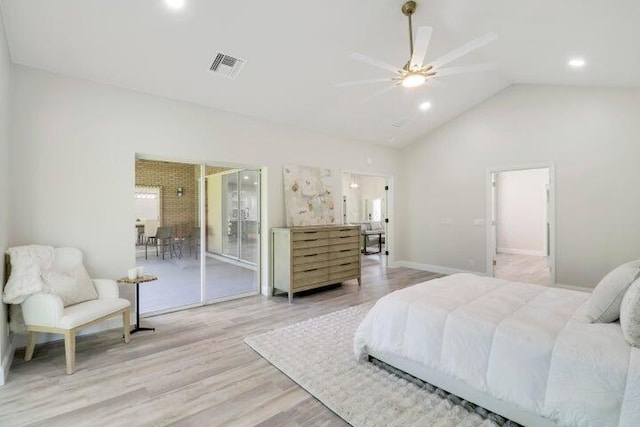 bedroom with ceiling fan, lofted ceiling, access to outside, and light hardwood / wood-style flooring