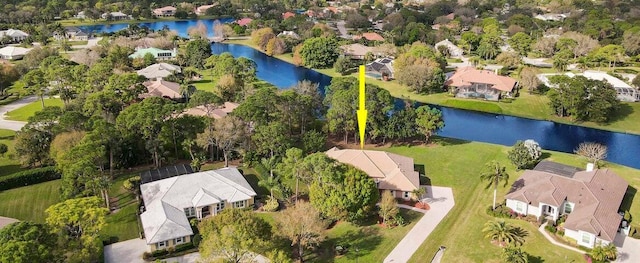 aerial view featuring a water view