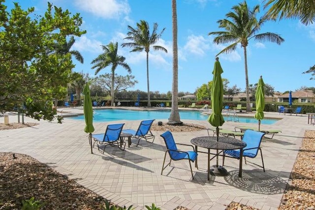 view of swimming pool featuring a patio area