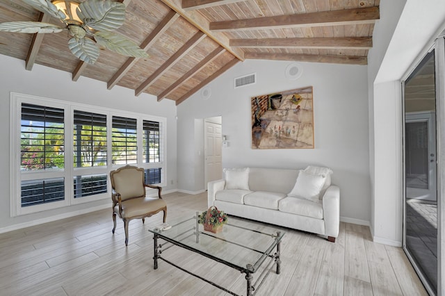 living room with beam ceiling, ceiling fan, wooden ceiling, high vaulted ceiling, and light hardwood / wood-style floors