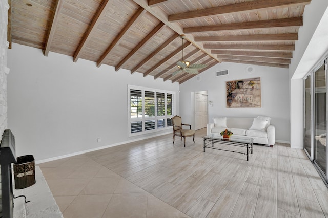 living room with ceiling fan, beamed ceiling, wood ceiling, and high vaulted ceiling