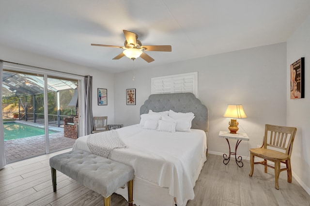 bedroom featuring access to exterior, light hardwood / wood-style floors, and ceiling fan