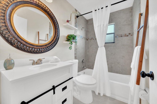 full bathroom featuring shower / tub combo, vanity, and toilet