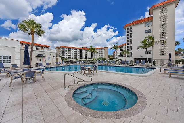 view of pool featuring a patio and a hot tub