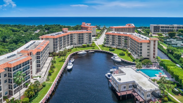 bird's eye view with a water view