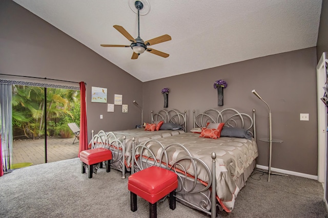 carpeted bedroom with access to outside, ceiling fan, and lofted ceiling