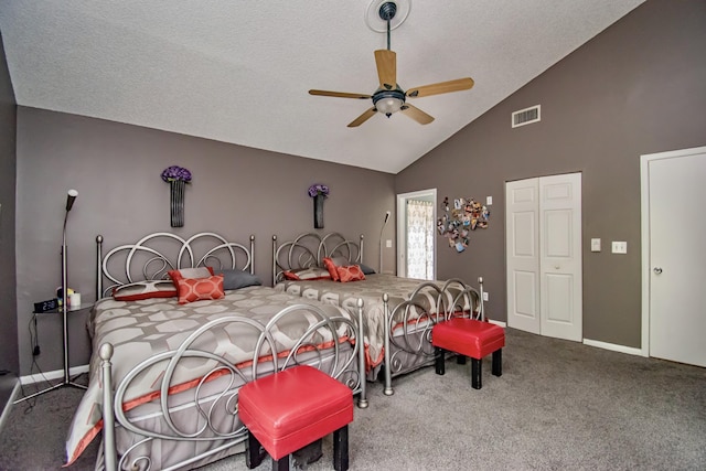 carpeted bedroom featuring ceiling fan, a textured ceiling, and high vaulted ceiling