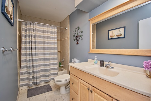 full bathroom with tile patterned floors, vanity, shower / bathtub combination with curtain, and toilet