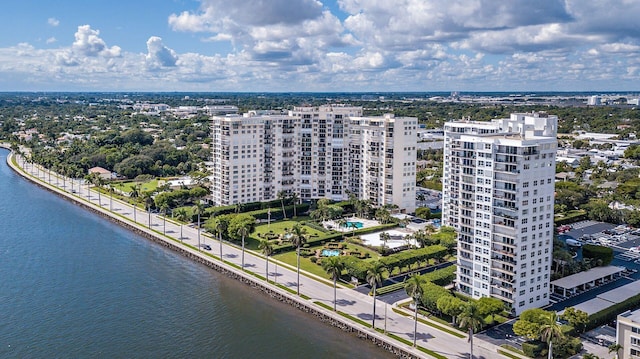 drone / aerial view featuring a water view