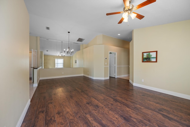 unfurnished living room featuring hardwood / wood-style flooring, lofted ceiling, and ceiling fan with notable chandelier