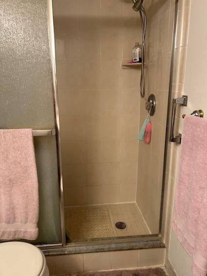 bathroom with toilet and walk in shower