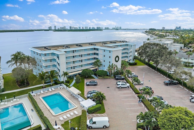 drone / aerial view with a water view