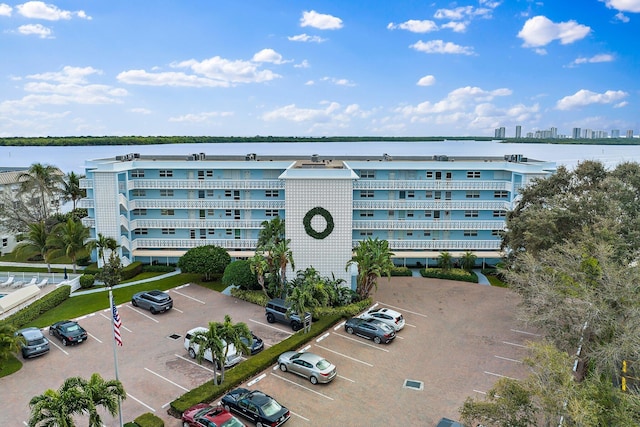 view of building exterior featuring a water view