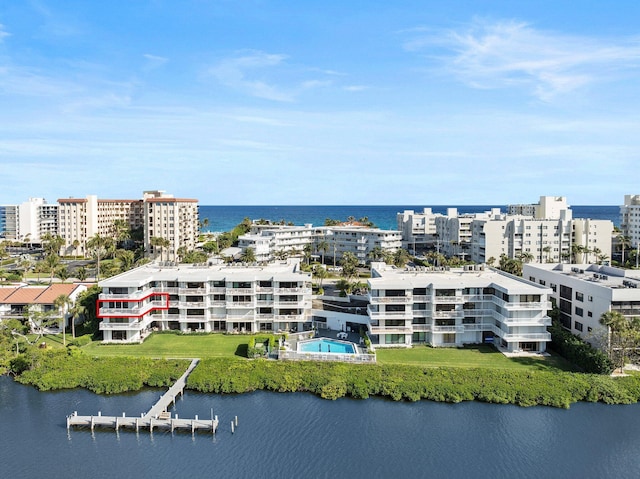 drone / aerial view with a water view