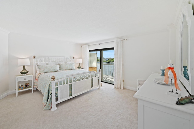 bedroom with access to exterior and light colored carpet