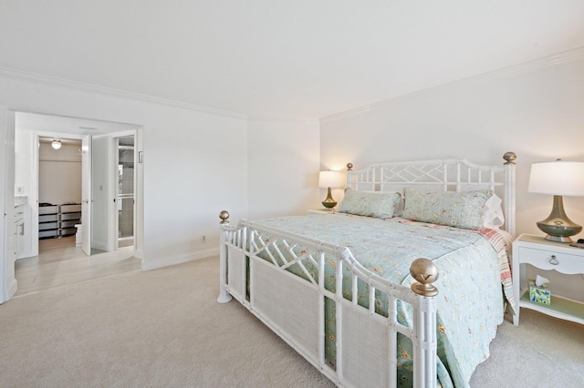 carpeted bedroom with crown molding