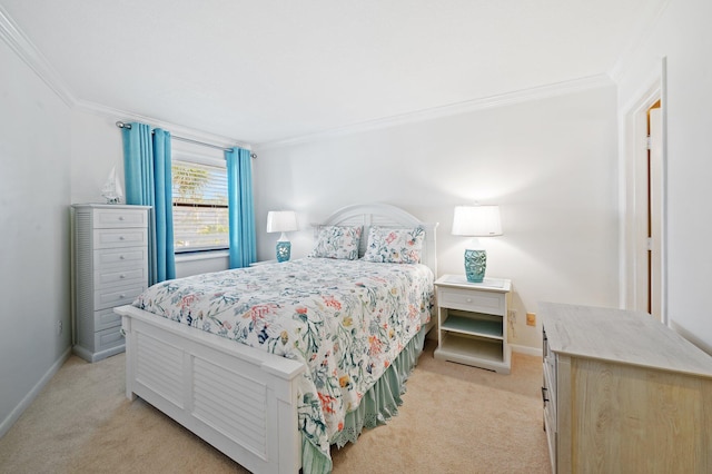 carpeted bedroom featuring crown molding