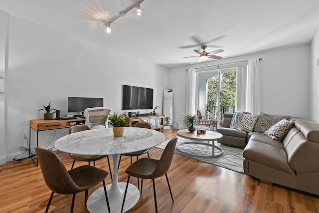 living room with light hardwood / wood-style floors and ceiling fan