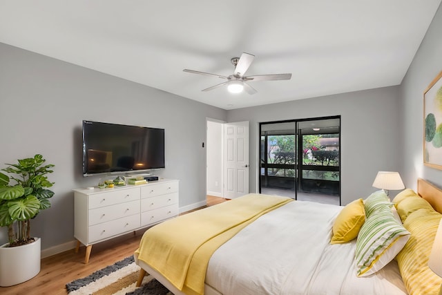 bedroom with ceiling fan, light hardwood / wood-style floors, and access to outside