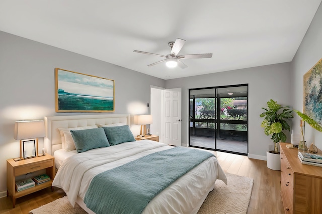 bedroom with access to outside, light hardwood / wood-style floors, and ceiling fan