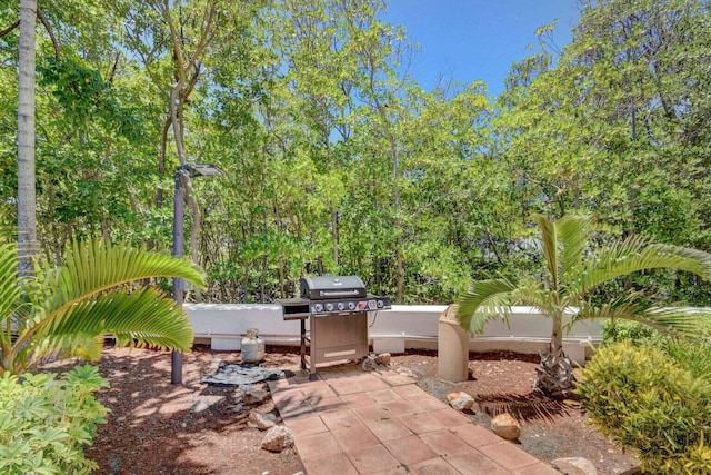 view of patio featuring a grill