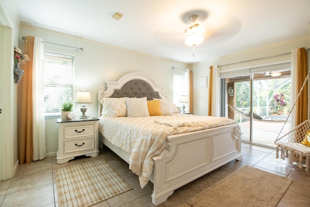 bedroom featuring ceiling fan, light tile patterned flooring, crown molding, and access to outside