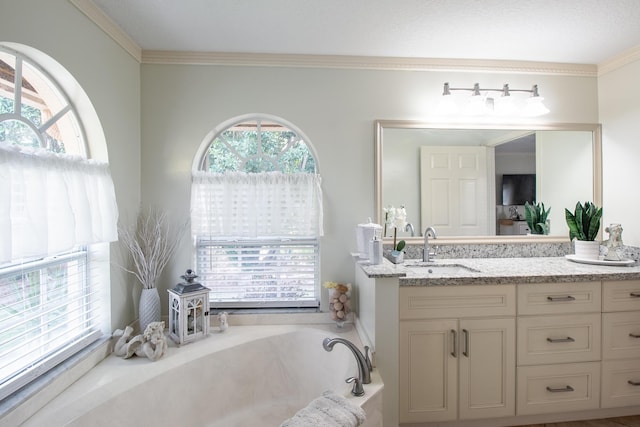 bathroom featuring vanity, a tub, and crown molding