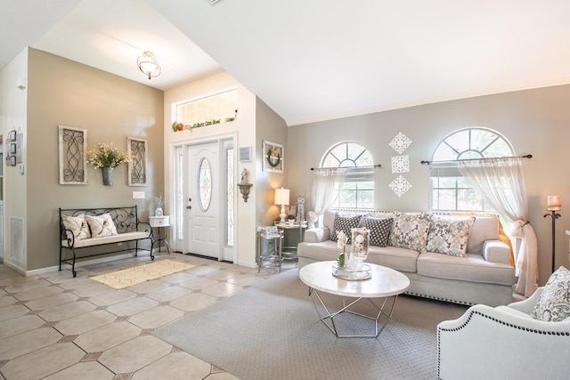 tiled living room with a towering ceiling