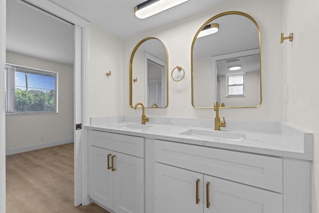 bathroom with hardwood / wood-style floors, plenty of natural light, and vanity