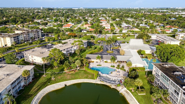 drone / aerial view featuring a water view