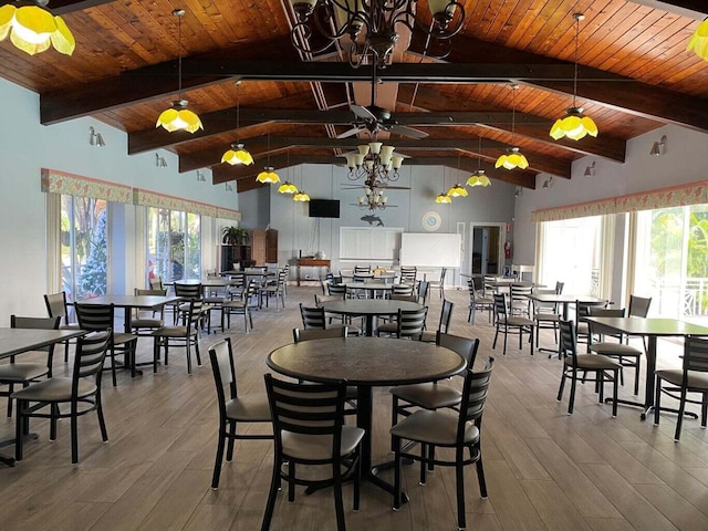 dining room featuring wooden ceiling, light hardwood / wood-style flooring, and a healthy amount of sunlight