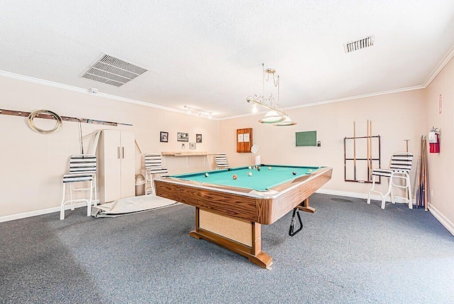 game room featuring carpet floors, ornamental molding, a textured ceiling, and billiards