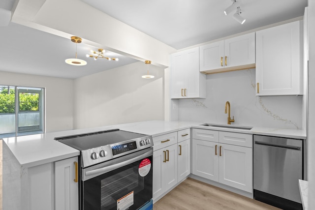 kitchen featuring white cabinets, sink, kitchen peninsula, and stainless steel appliances