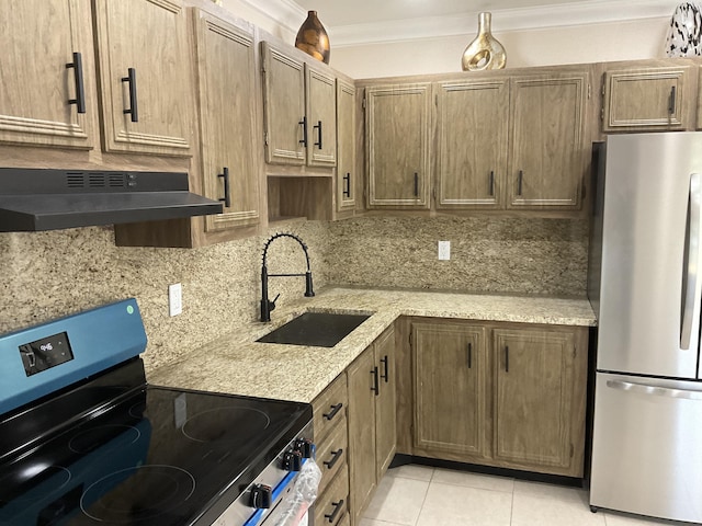 kitchen with stainless steel refrigerator, electric range, sink, ventilation hood, and light tile patterned flooring